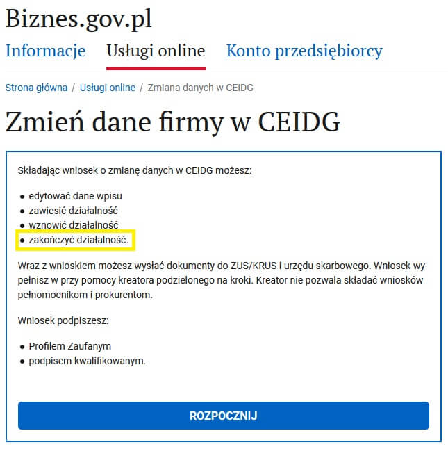 zakończenie działalności online